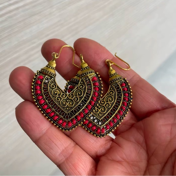 Anthropologie Ethnic Brass Gold Red Earrings - Picture 1 of 5